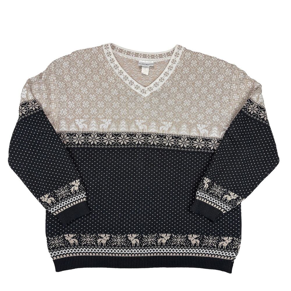 VTG Croft & Barrow Fair Isle Reindeer Sweater Men XL Tan Black Nordic Cotton